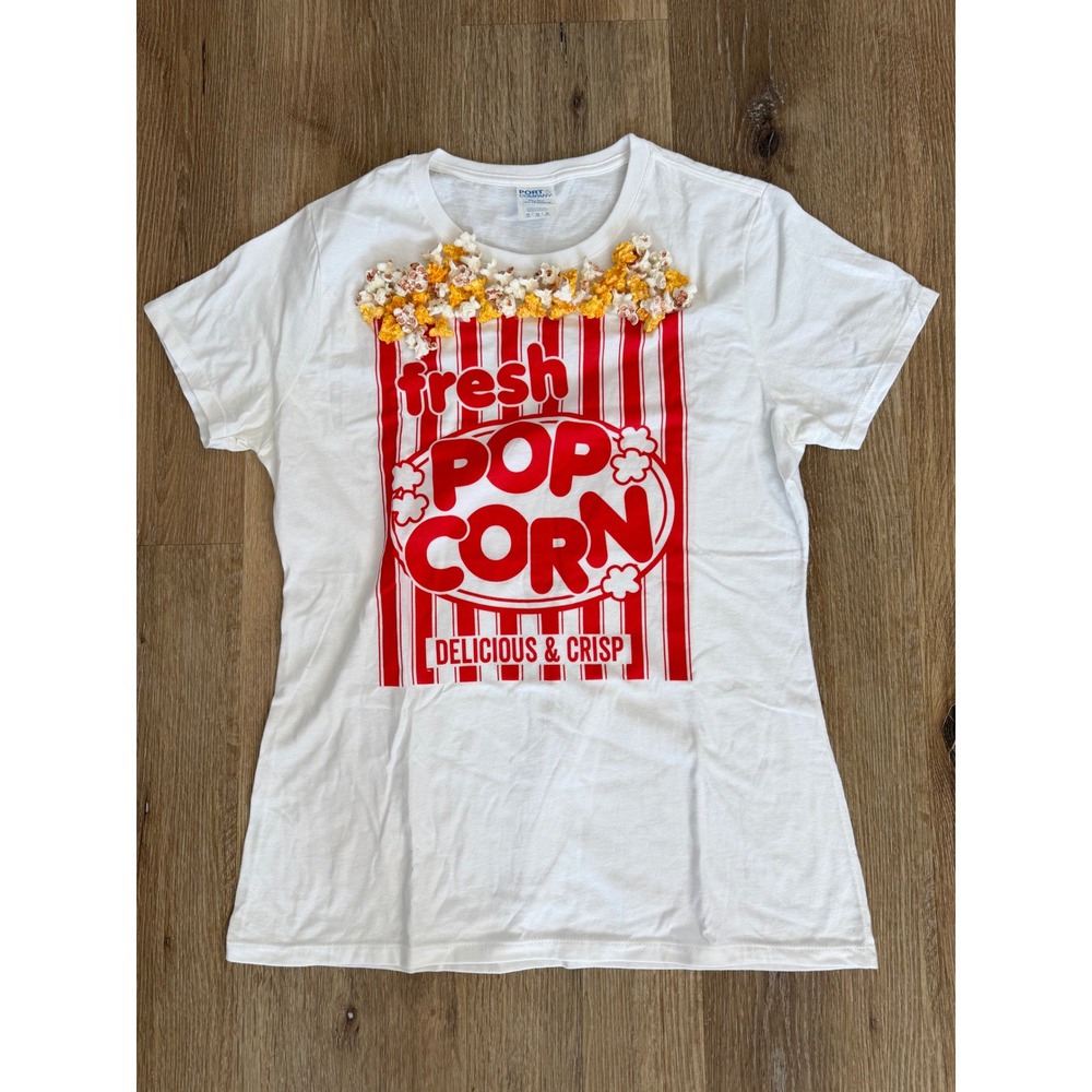 Y2K Popcorn Graphic Tee Womens M White 3D Faux Popcorn Striped Festival Movie